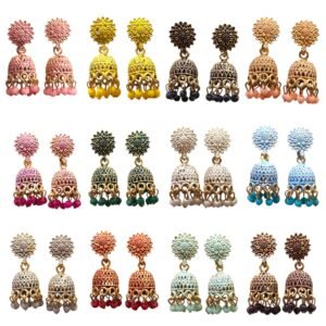 Womens Traditional Jhumka Earrings Set, Floral Design, Multi-Colour Beaded Drop, 12 Pairs