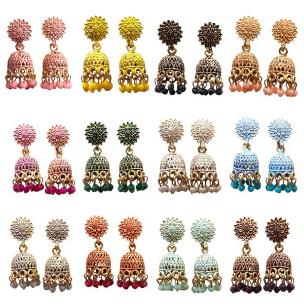 Womens Traditional Jhumka Earrings Set, Floral Design, Multi-Colour Beaded Drop, 12 Pairs