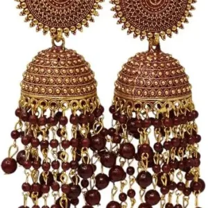 Womens Traditional Jhumka Earrings Set, Floral Design, Multi-Colour Beaded Drop, 12 Pairs