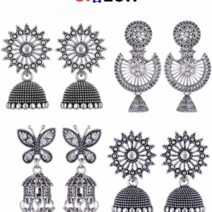 Women Pack Of 4 Silver Oxidised Peacock Shaped Jhumkas