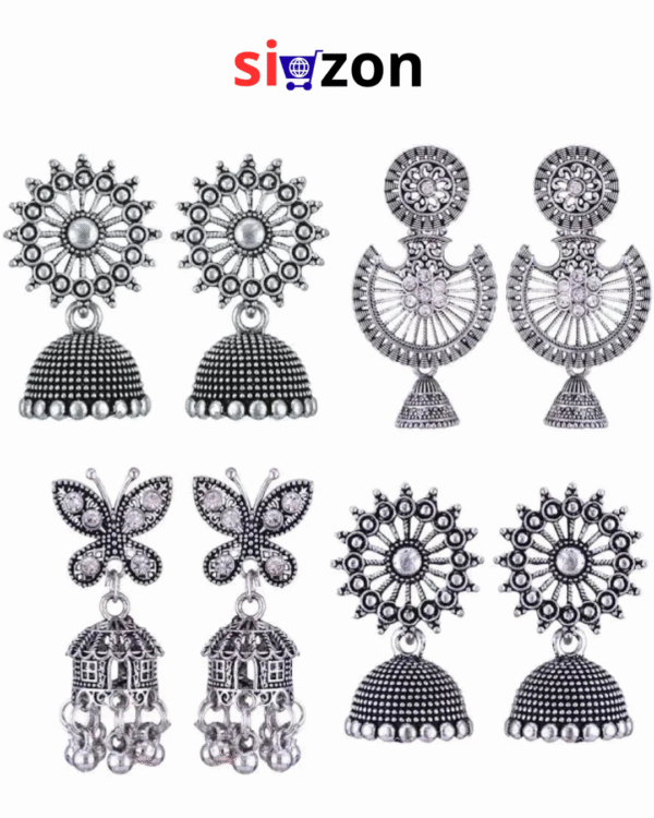 Women Pack Of 4 Silver Oxidised Peacock Shaped Jhumkas