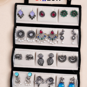 Set of 12 Oxidized Designer Stud Earrings with Folding Jewelry Box