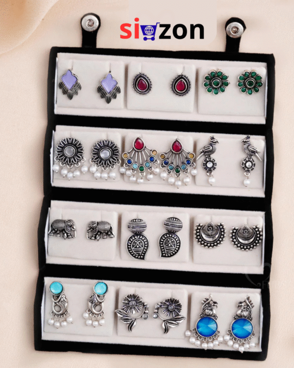 Set of 12 Oxidized Designer Stud Earrings with Folding Jewelry Box