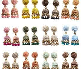 Womens Traditional Jhumka Earrings Set, Floral Design, Multi-Colour Beaded Drop, 12 Pairs
