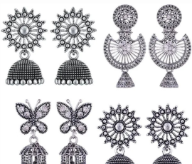 Women Pack Of 4 Silver Oxidised Peacock Shaped Jhumkas