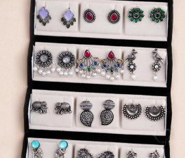Set of 12 Oxidized Designer Stud Earrings with Folding Jewelry Box